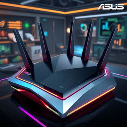 A futuristic router design inspired by ASUS, featuring an aggressive, angular aesthetic that conveys a sense of power and high performance