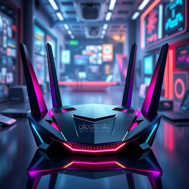 A futuristic router design inspired by ASUS, featuring an aggressive, angular aesthetic that conveys a sense of power and high performance