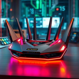 A futuristic router design inspired by ASUS, featuring an aggressive, angular aesthetic that conveys a sense of power and high performance