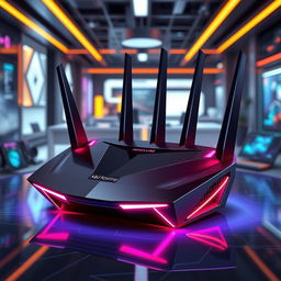 A futuristic router design inspired by ASUS, featuring an aggressive, angular aesthetic that conveys a sense of power and high performance