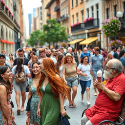 A vibrant city street scene bustling with activity, filled with diverse groups of people interacting joyfully