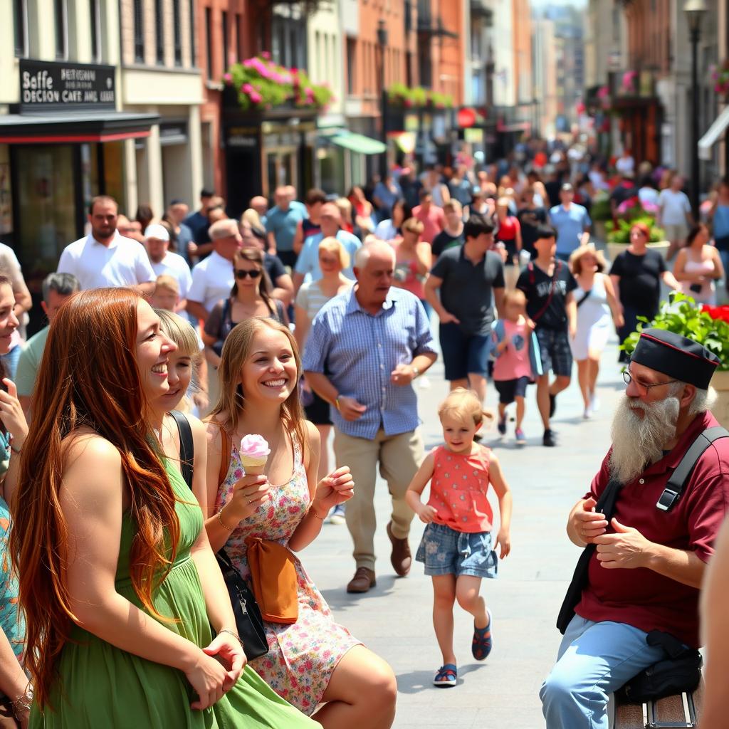 A vibrant city street scene bustling with activity, filled with diverse groups of people interacting joyfully