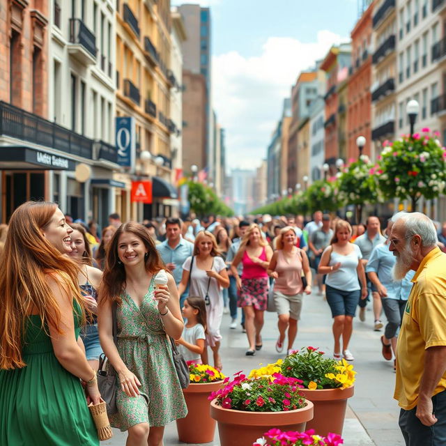 A vibrant city street scene bustling with activity, filled with diverse groups of people interacting joyfully