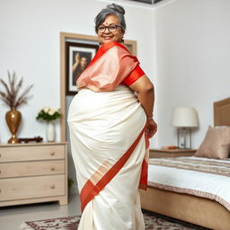 A 55-year-old Indian woman with ultra morbid obesity, silver grey hair styled in a messy bun, wearing glasses, looking directly at the viewer with a joyful smile