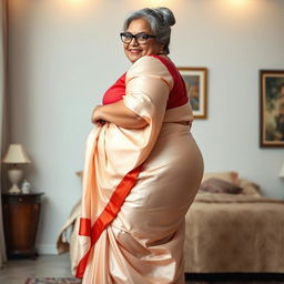A 55-year-old Indian woman with ultra morbid obesity, silver grey hair styled in a messy bun, wearing glasses, looking directly at the viewer with a joyful smile