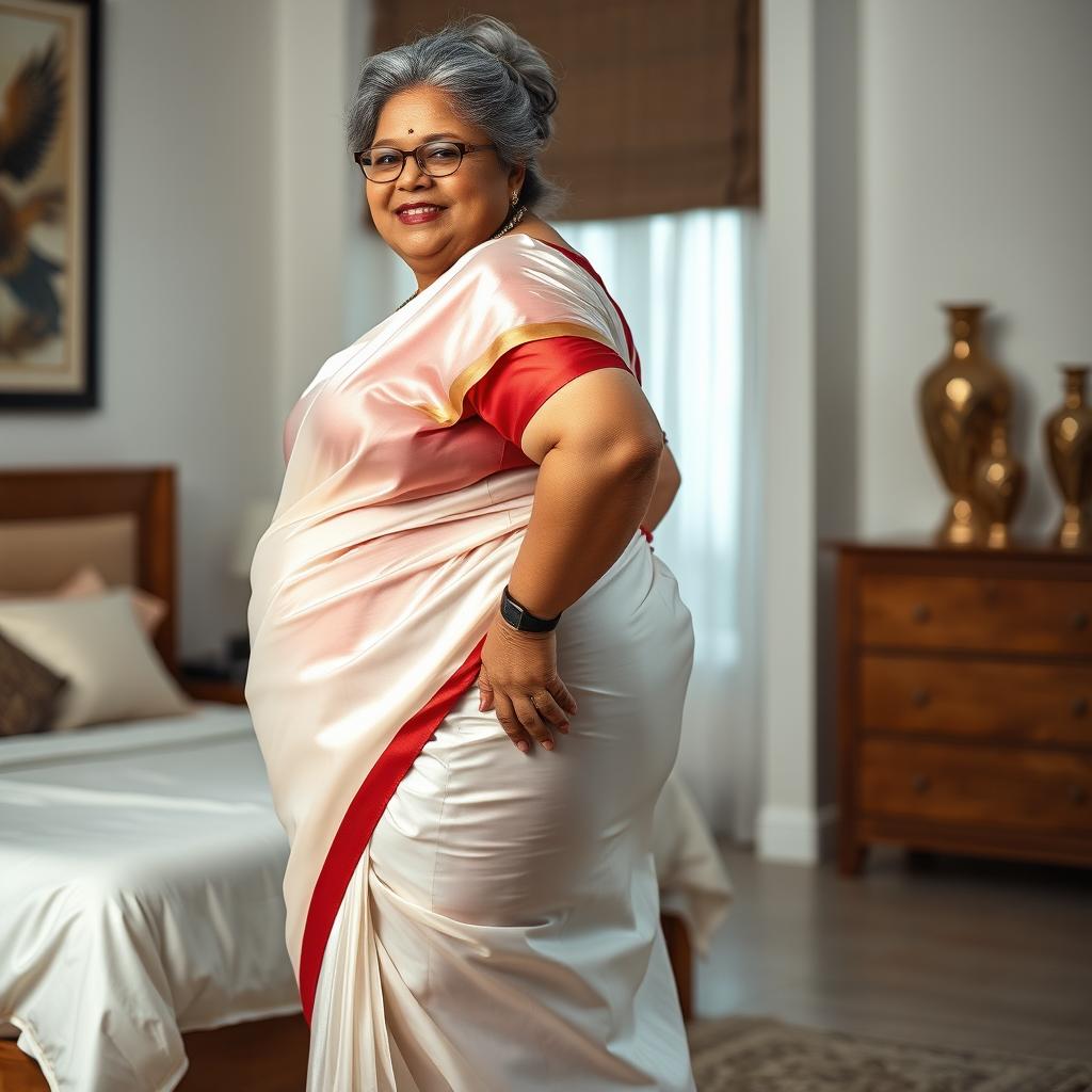 A 55-year-old Indian woman with ultra morbid obesity, silver grey hair styled in a messy bun, wearing glasses, looking directly at the viewer with a joyful smile