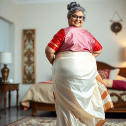 A 55-year-old Indian woman with ultra morbid obesity, silver grey hair styled in a messy bun, wearing glasses, looking directly at the viewer with a joyful smile