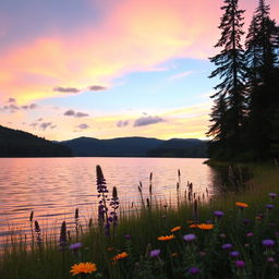 A serene and picturesque landscape featuring a tranquil lake surrounded by lush green forests and rolling hills, with a pastel sunset casting warm hues of pink, orange, and purple across the sky