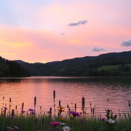 A serene and picturesque landscape featuring a tranquil lake surrounded by lush green forests and rolling hills, with a pastel sunset casting warm hues of pink, orange, and purple across the sky