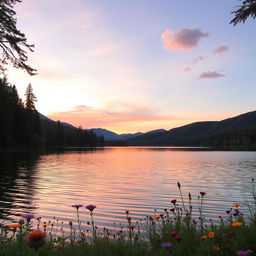 A serene and picturesque landscape featuring a tranquil lake surrounded by lush green forests and rolling hills, with a pastel sunset casting warm hues of pink, orange, and purple across the sky