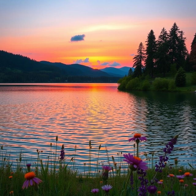 A serene and picturesque landscape featuring a tranquil lake surrounded by lush green forests and rolling hills, with a pastel sunset casting warm hues of pink, orange, and purple across the sky