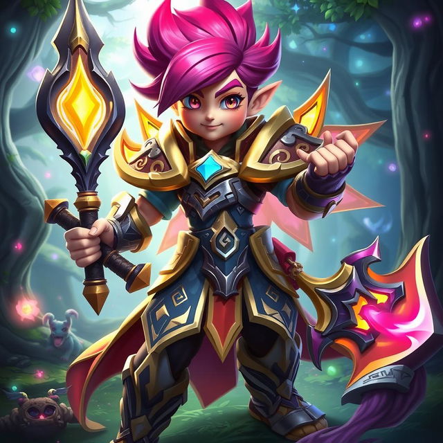 A fantastical champion character in the style of League of Legends, featuring a dynamic and colorful 3D design