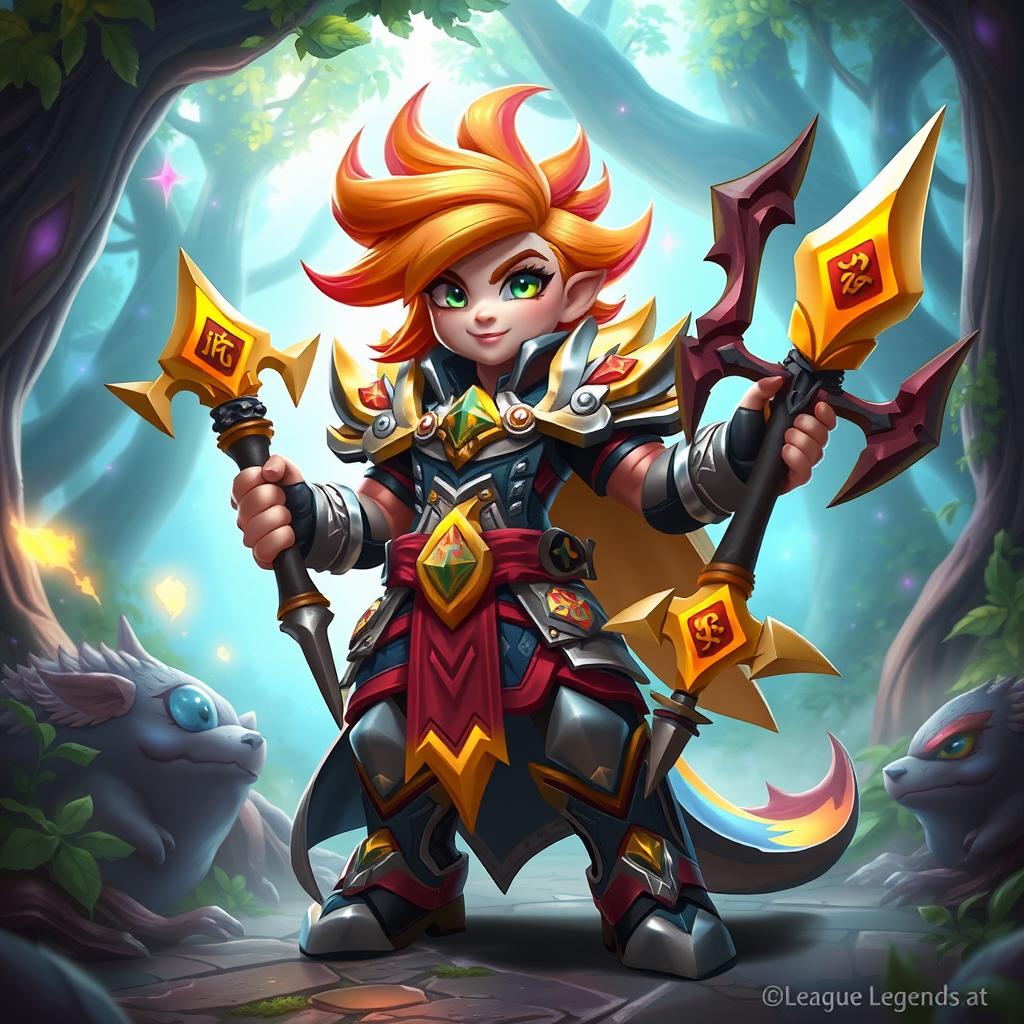 A fantastical champion character in the style of League of Legends, featuring a dynamic and colorful 3D design