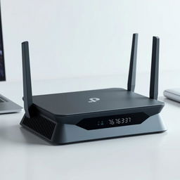 A futuristic router design inspired by TP-Link, featuring a compact and modern structure with clean lines and a solid matte finish