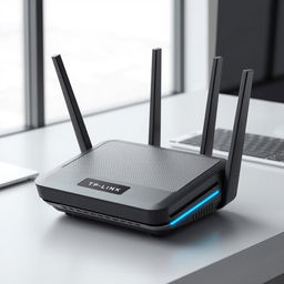 A futuristic router design inspired by TP-Link, featuring a compact and modern structure with clean lines and a solid matte finish