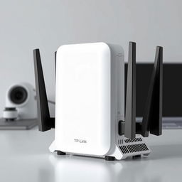 A futuristic router design inspired by TP-Link, featuring a compact and modern structure with clean lines and a solid matte finish