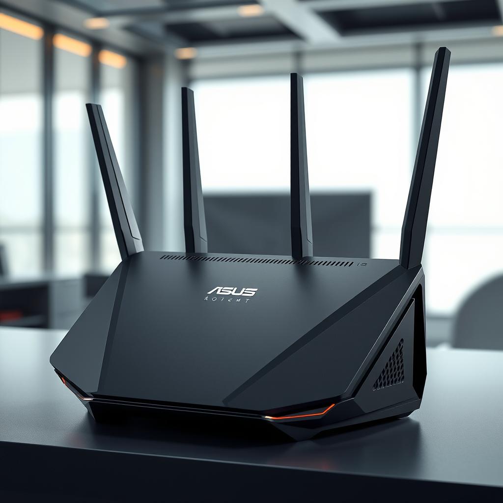 A futuristic router design inspired by ASUS, featuring a bold, angular shape that conveys high performance