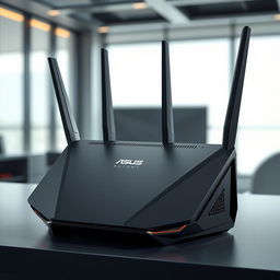 A futuristic router design inspired by ASUS, featuring a bold, angular shape that conveys high performance