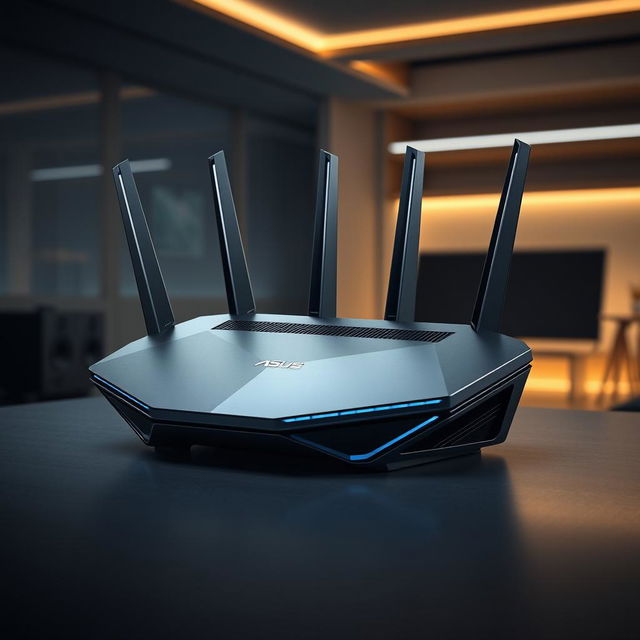 A futuristic router design inspired by ASUS, featuring a bold, angular shape that conveys high performance