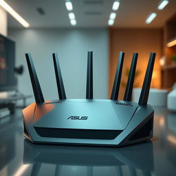 A futuristic router design inspired by ASUS, featuring a bold, angular shape that conveys high performance