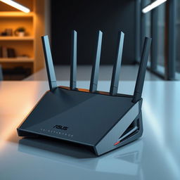 A futuristic router design inspired by ASUS, featuring a bold, angular shape that conveys high performance
