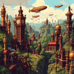 A 32x32 pixel art scene depicting a fantastical steampunk land, featuring a mix of Victorian architecture and steam-powered machinery