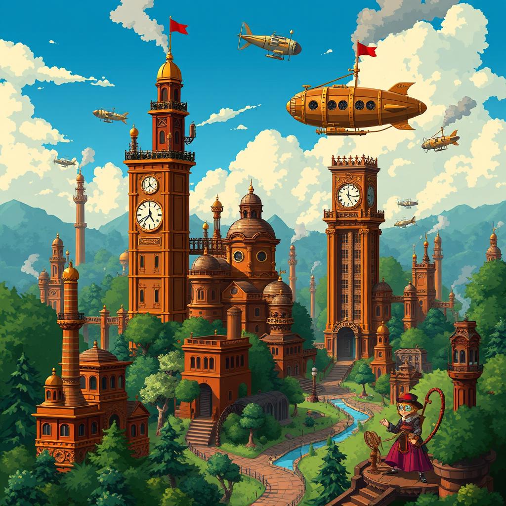 A 32x32 pixel art scene depicting a fantastical steampunk land, featuring a mix of Victorian architecture and steam-powered machinery