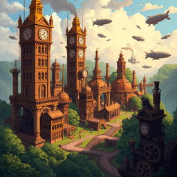 A 32x32 pixel art scene depicting a fantastical steampunk land, featuring a mix of Victorian architecture and steam-powered machinery