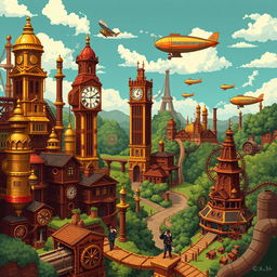 A 32x32 pixel art scene depicting a fantastical steampunk land, featuring a mix of Victorian architecture and steam-powered machinery