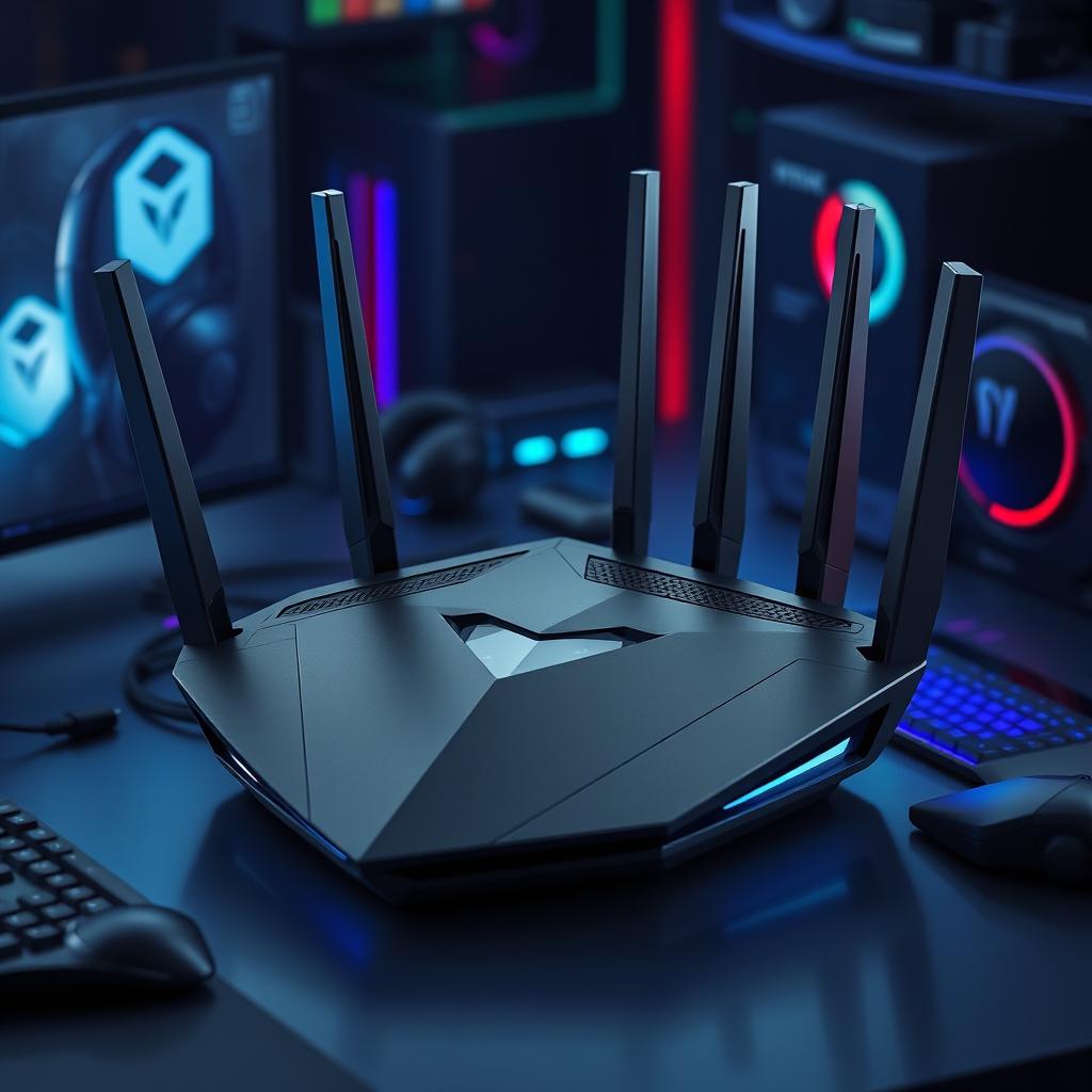 A futuristic gaming router design, emphasizing a sleek and aggressive look tailored for gamers