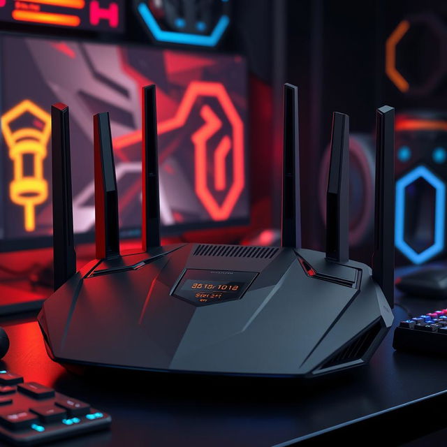 A futuristic gaming router design, emphasizing a sleek and aggressive look tailored for gamers