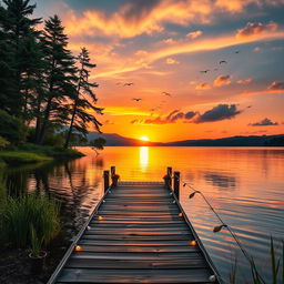 A beautiful outdoor scene featuring a vibrant sunset over a serene lake, surrounded by lush greenery and tall trees