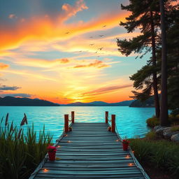 A beautiful outdoor scene featuring a vibrant sunset over a serene lake, surrounded by lush greenery and tall trees