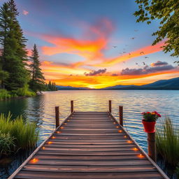 A beautiful outdoor scene featuring a vibrant sunset over a serene lake, surrounded by lush greenery and tall trees