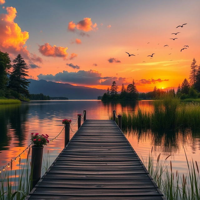 A beautiful outdoor scene featuring a vibrant sunset over a serene lake, surrounded by lush greenery and tall trees