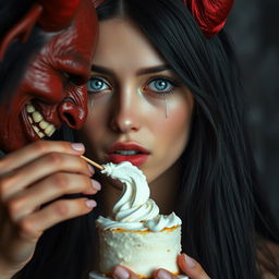 A stunning young woman with long, beautiful black hair and crystal blue eyes, shedding tears of emotion