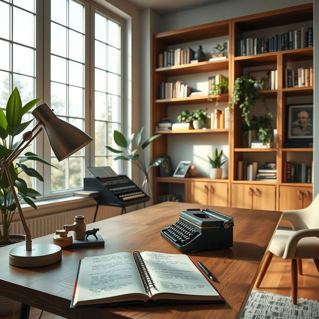 An artistic scene depicting a beautifully designed workspace with a high-definition, modern writing desk centered in the foreground