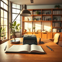 An artistic scene depicting a beautifully designed workspace with a high-definition, modern writing desk centered in the foreground