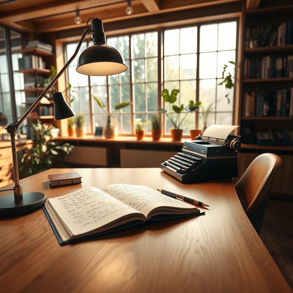 An artistic scene depicting a beautifully designed workspace with a high-definition, modern writing desk centered in the foreground