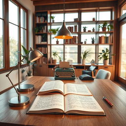 An artistic scene depicting a beautifully designed workspace with a high-definition, modern writing desk centered in the foreground