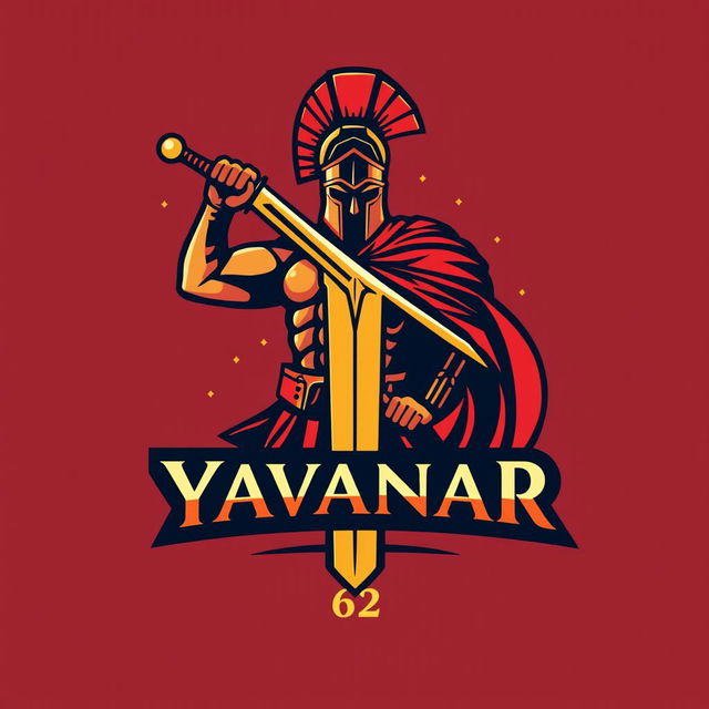 A dynamic logo design featuring a Spartan warrior in battle attire, poised with a majestic sword that combines vibrant red and gold colors, depicting strength and valor