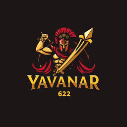 A dynamic logo design featuring a Spartan warrior in battle attire, poised with a majestic sword that combines vibrant red and gold colors, depicting strength and valor