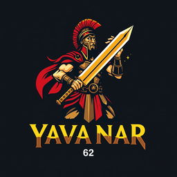 A dynamic logo design featuring a Spartan warrior in battle attire, poised with a majestic sword that combines vibrant red and gold colors, depicting strength and valor