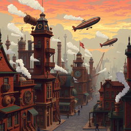 A captivating steampunk pixel art scene featuring a bustling Victorian cityscape, with intricate mechanical contraptions, airships flying above, and steam rising from various machinery