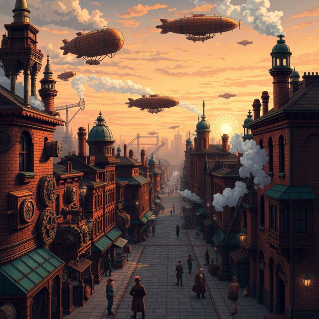 A captivating steampunk pixel art scene featuring a bustling Victorian cityscape, with intricate mechanical contraptions, airships flying above, and steam rising from various machinery