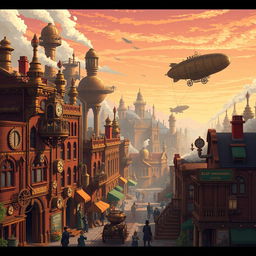 A captivating steampunk pixel art scene featuring a bustling Victorian cityscape, with intricate mechanical contraptions, airships flying above, and steam rising from various machinery