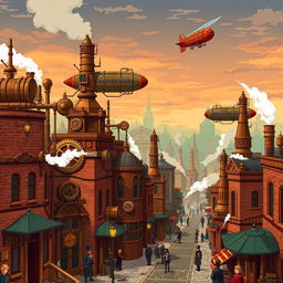 A captivating steampunk pixel art scene featuring a bustling Victorian cityscape, with intricate mechanical contraptions, airships flying above, and steam rising from various machinery