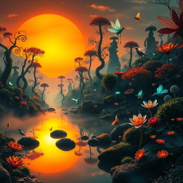 A striking surreal landscape where a vibrant orange sunset casts long shadows over a whimsical fantasy forest filled with bioluminescent plants, tall spiraling trees, and colorful birds with translucent wings