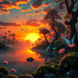 A striking surreal landscape where a vibrant orange sunset casts long shadows over a whimsical fantasy forest filled with bioluminescent plants, tall spiraling trees, and colorful birds with translucent wings