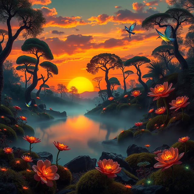 A striking surreal landscape where a vibrant orange sunset casts long shadows over a whimsical fantasy forest filled with bioluminescent plants, tall spiraling trees, and colorful birds with translucent wings